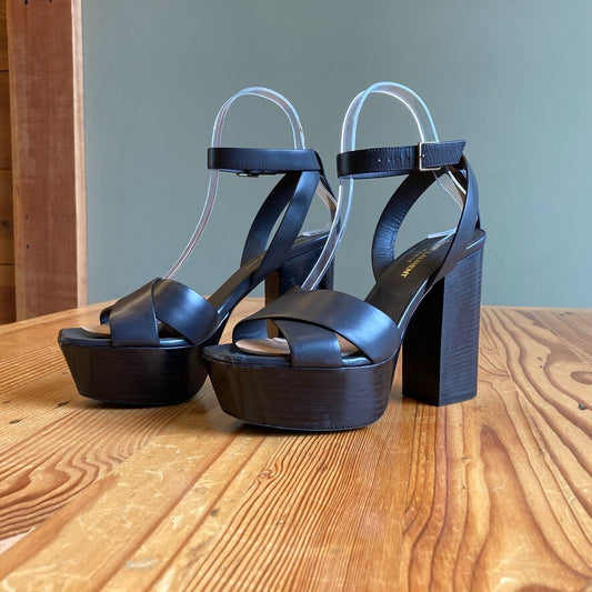 37 / 7 - Saint Laurent Black Leather Platform Farrah Sandals 0519NH