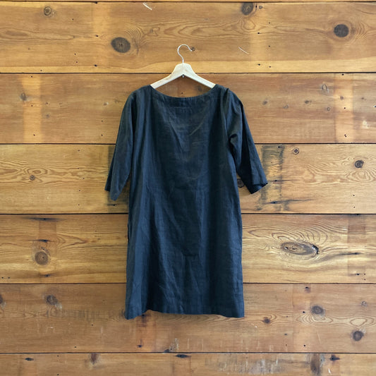 S - Not Perfect Linen Black Wide Neck 3/4 Sleeve Dress w/ Pockets 1217MA