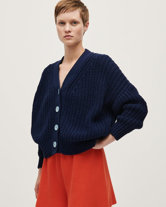 OS - Babaa Navy Thick Rib Cotton Button Up No18 Cardigan Sweater 0208KS