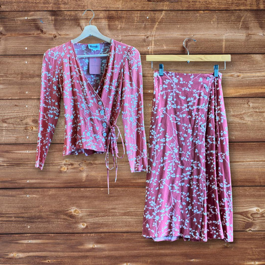 34 / XS - Rouje Paris Pink Print Wrap Midi Skirt & 3/4 Sleeve Shirt Set 0824PT