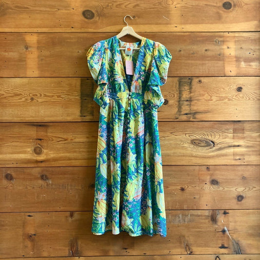 S - Farm Rio Star Fruit Colorful Print V-Neck Midi Puff Sleeve Dress 1213SM