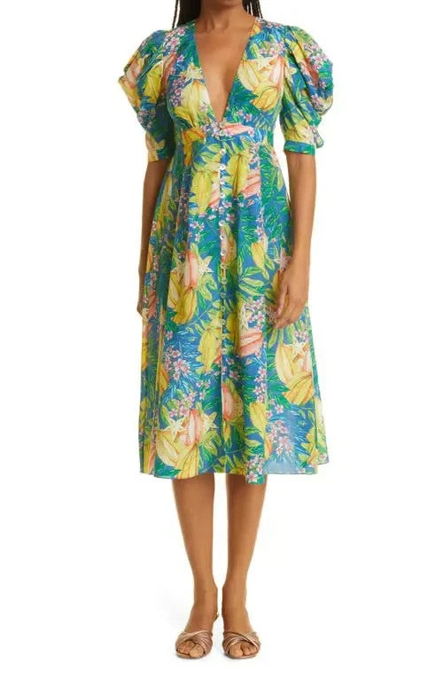 S - Farm Rio Star Fruit Colorful Print V-Neck Midi Puff Sleeve Dress 1213SM