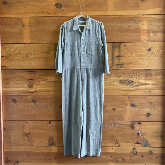 L - Christy Dawn $248 Gray Reclaimed Fabric Painter Jumper Jumpsuit 1010RR