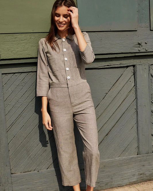 L - Christy Dawn $248 Gray Reclaimed Fabric Painter Jumper Jumpsuit 1010RR