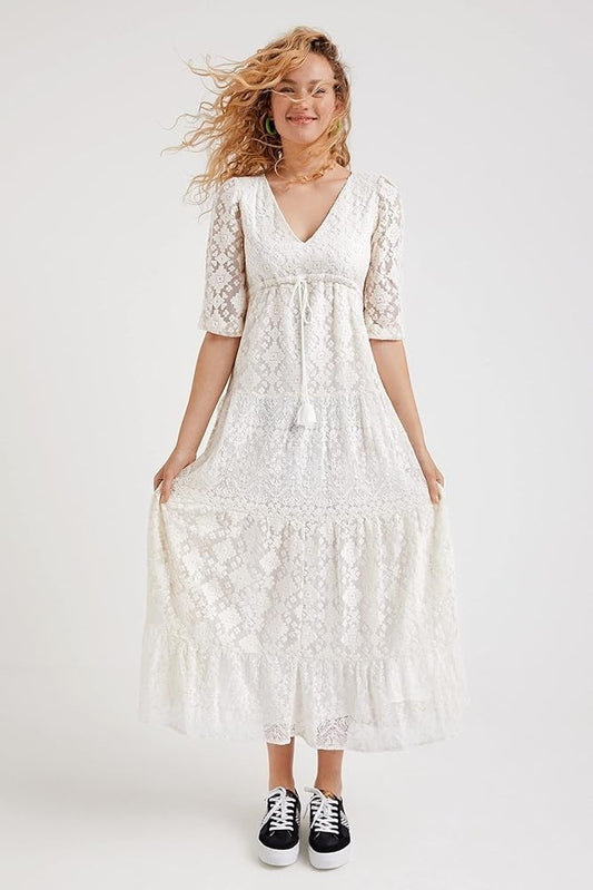 XS - Desigual Off-White 3/4 Sleeve NEW Tulum Embroidered Maxi Dress 1213SM