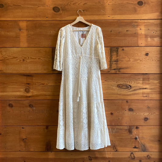 XS - Desigual Off-White 3/4 Sleeve NEW Tulum Embroidered Maxi Dress 1213SM