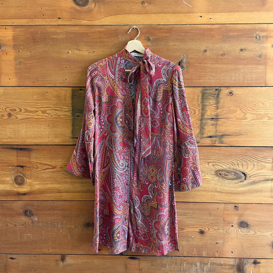 S - Robert Graham Red Paisley Print Button Front Silk Bell Sleeve Dress 1207JS