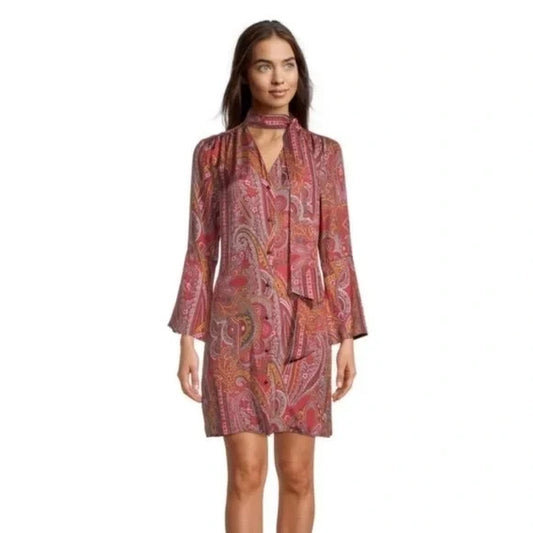 S - Robert Graham Red Paisley Print Button Front Silk Bell Sleeve Dress 1207JS