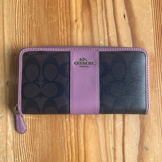 Coach Pink Brown Signature Leather Accordion Zip Around Clutch Wallet 0701JB