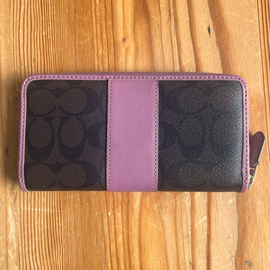 Coach Pink Brown Signature Leather Accordion Zip Around Clutch Wallet 0701JB