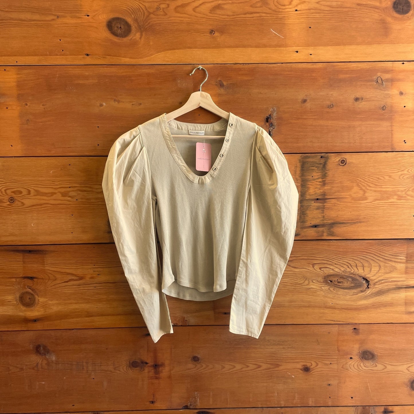 M - Ulla Johnson Tan Puff Sleeve Flynn Long Sleeve Ribbed Top 0927LL