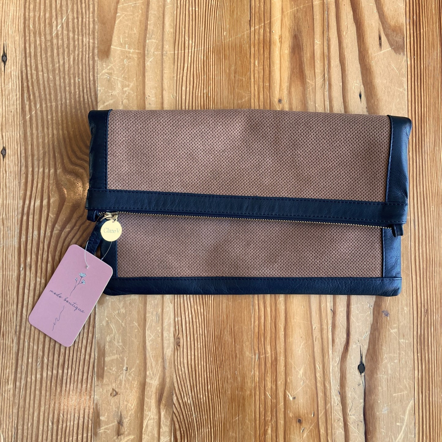 Clare V. Vivier $285 Brown Black Foldover Perforated Clutch Zip Top Bag 0206BS
