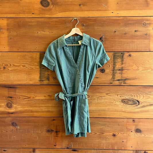 4 - Maeve Anthropologie $148 Moss Green Linen Short Sleeve Romper NEW 0416LB