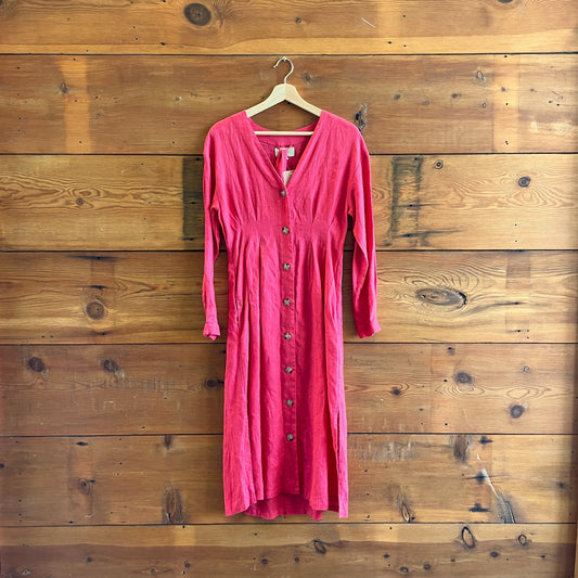 XS - Xirena Dark Pink Linen Long Sleeve Button Up Tie Waist Midi Dress 0425GN