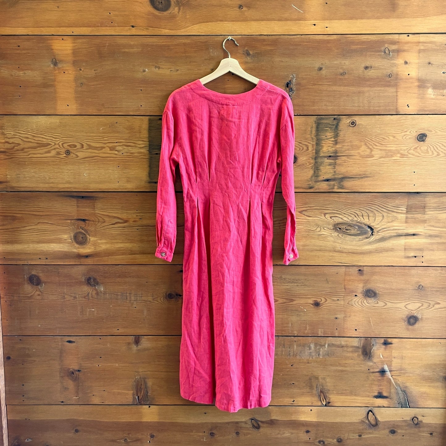 XS - Xirena Dark Pink Linen Long Sleeve Button Up Tie Waist Midi Dress 0425GN