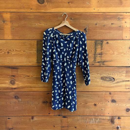 4 - Reformation Navy Blue Patterned Puff Sleeve Tie Waist Mini Dress 0416LB