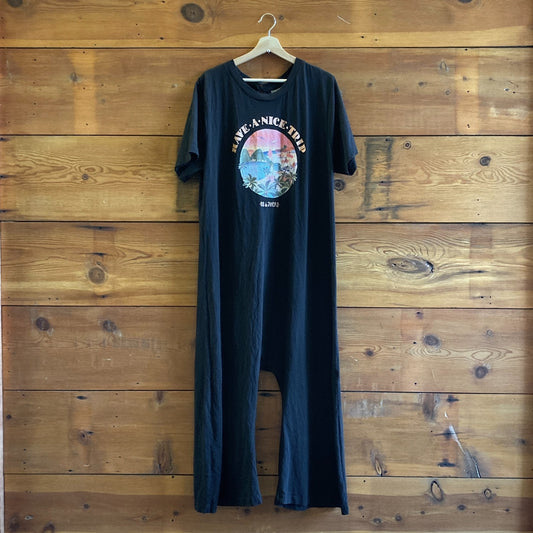 L - Farm Rio $145 Black Short Sleeve Have a Nice Trip Organic Jumpsuit 0708EK