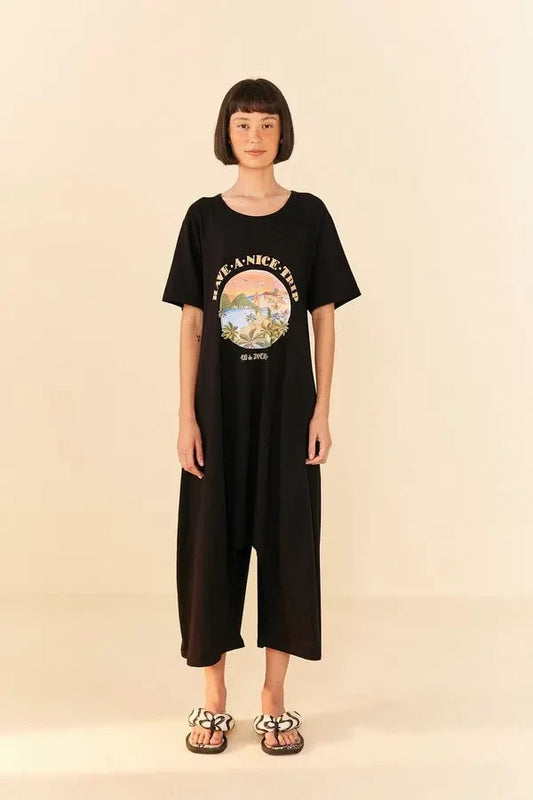 L - Farm Rio $145 Black Short Sleeve Have a Nice Trip Organic Jumpsuit 0708EK