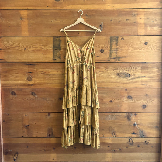S - Christy Dawn Golden Brown Floral London Tiered Sleeveless Dress 0510AY