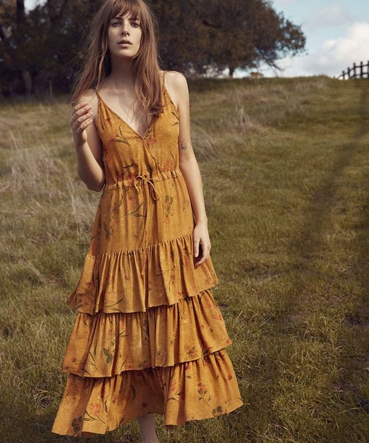 S - Christy Dawn Golden Brown Floral London Tiered Sleeveless Dress 0510AY