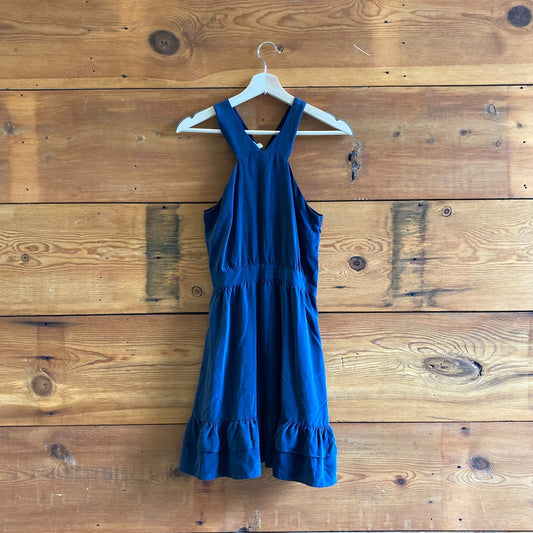 36 / S - Sezane Navy Silk Ruffled Hem Cross Strap Sleeveless Mini Dress 0606RO
