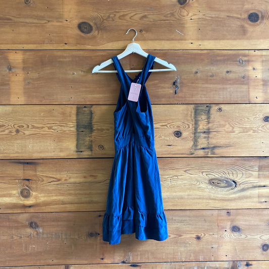 36 / S - Sezane Navy Silk Ruffled Hem Cross Strap Sleeveless Mini Dress 0606RO