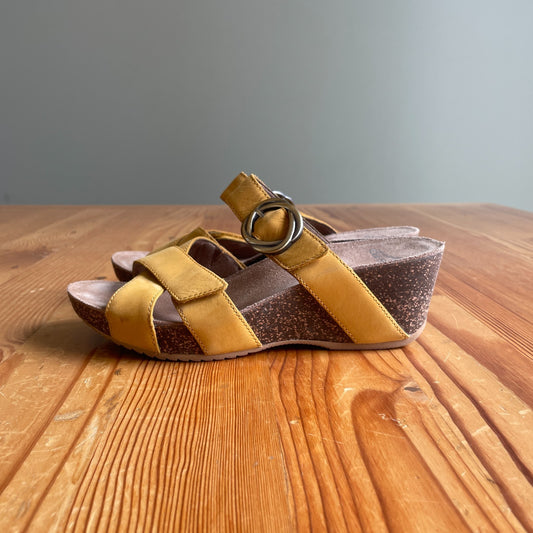 37 / 7 - Dansko Yellow Strappy Leather Cork Wedge Sandals w/ Buckle 0718ML