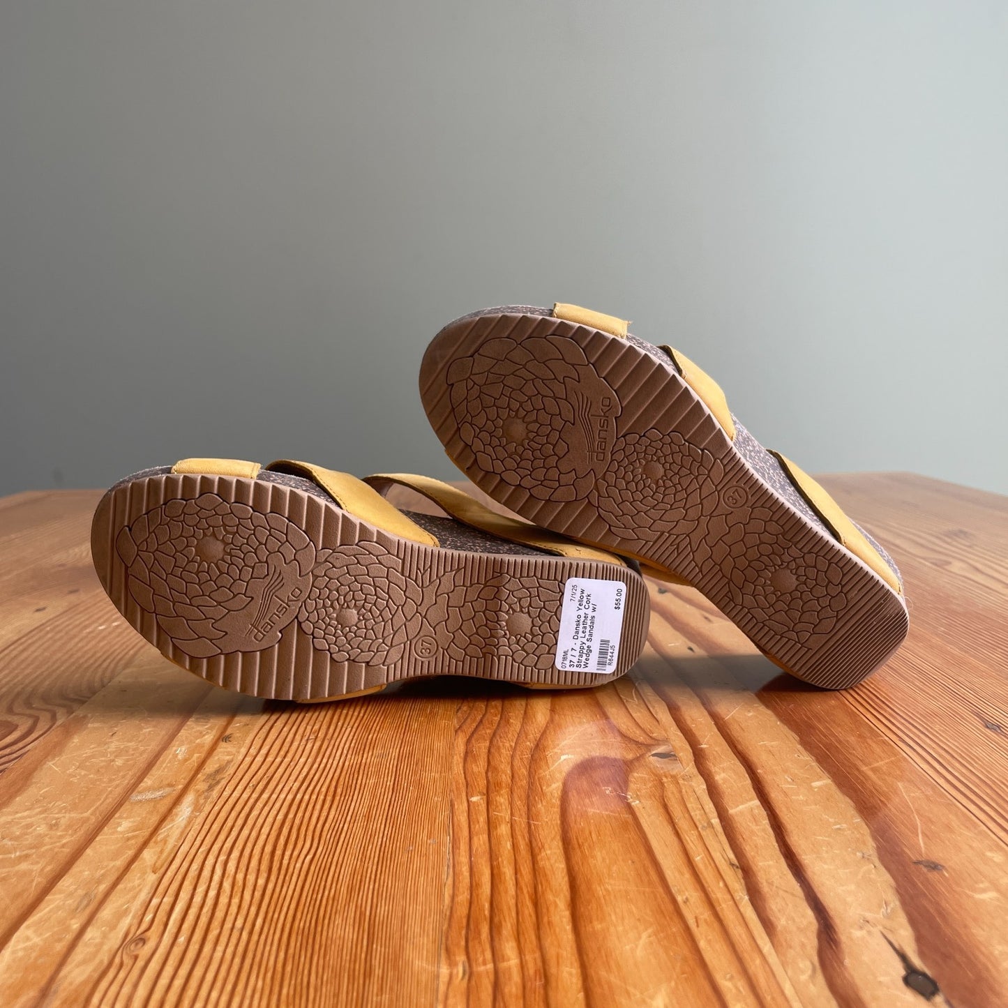 37 / 7 - Dansko Yellow Strappy Leather Cork Wedge Sandals w/ Buckle 0718ML