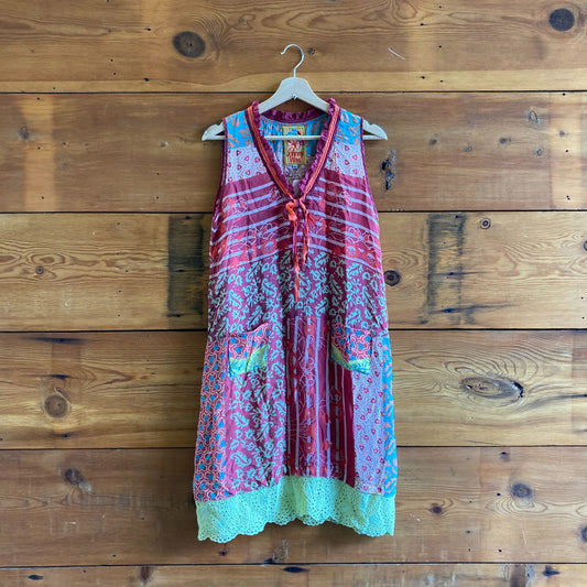 S - Johnny Was Mixed Print Multi Color Silk Sleeveless Dress w/ Pockets 0718ML