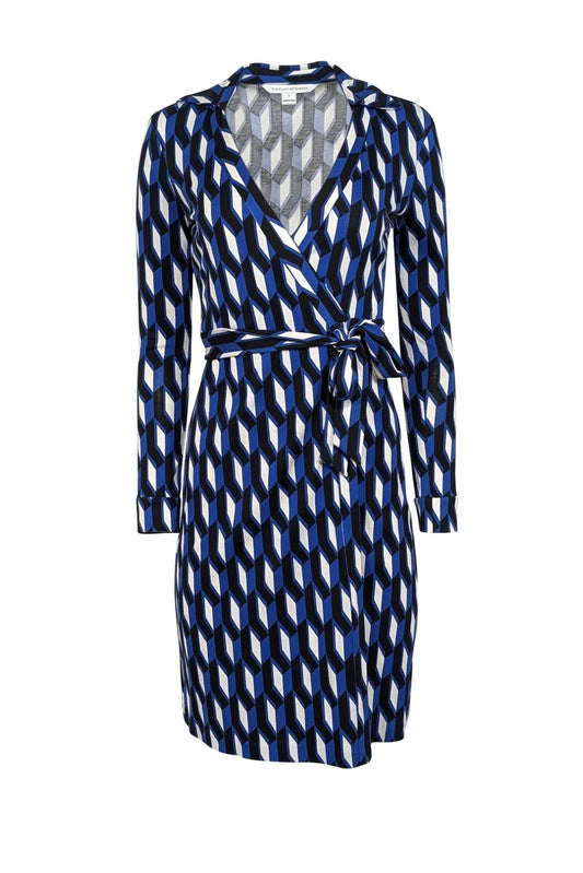 S - Diane von Furstenberg DVF Blue Black Geo Print Julian Silk Wrap Dress 0929JM