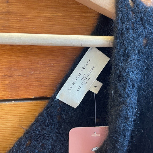 S - Sezane Black Wool Mohair Blend Low Button Back Sweater 0719BJ