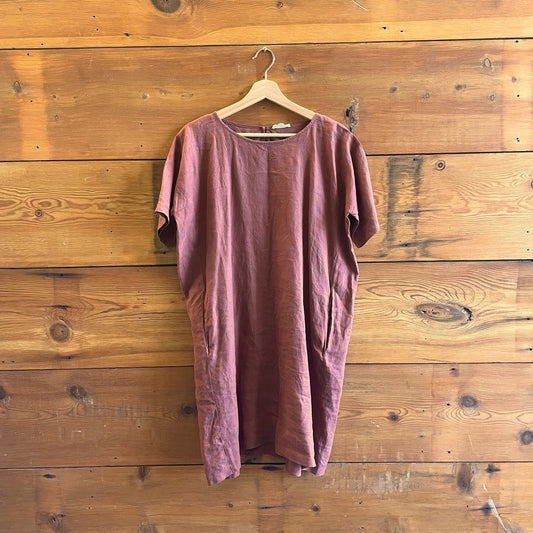 S - Eileen Fisher Rust Reddish Brown Short Sleeve Linen Shift Dress 0815CJ