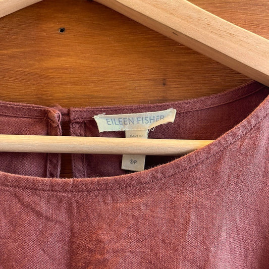 S - Eileen Fisher Rust Reddish Brown Short Sleeve Linen Shift Dress 0815CJ
