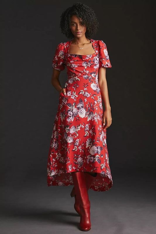 6 - Maeve Anthropologie Rust Red Floral Short Sleeve High Low Dress NEW 0626ME