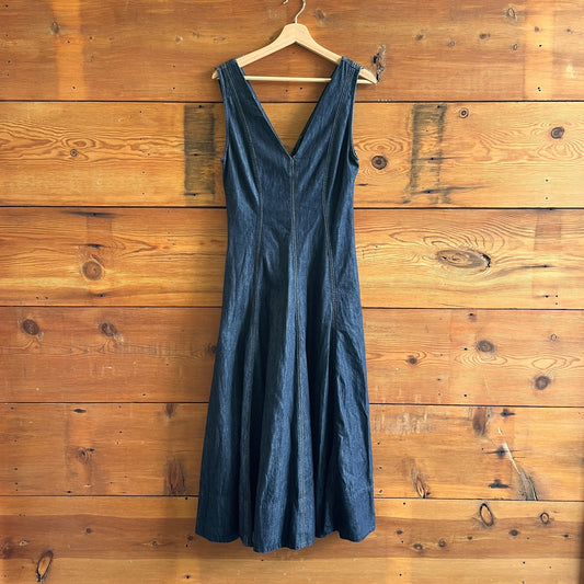 S - Massimo Dutti Dark Wash Denim NEW Sleeveless V-Neck Midi Dress 0430SM