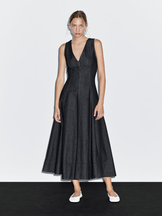S - Massimo Dutti Dark Wash Denim NEW Sleeveless V-Neck Midi Dress 0430SM