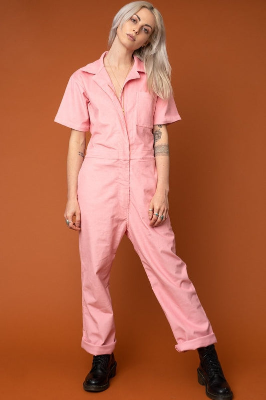 XS - Nooworks Pink Corduroy Short Sleeve Zip Front Jumpsuit Coveralls 0415AB