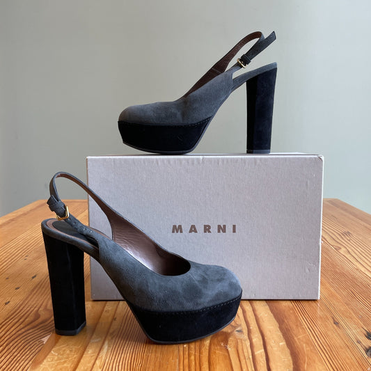 41 / 11 - Marni Dark Gray Suede Platform Slingback Heels NEW w/ Box 0726JB