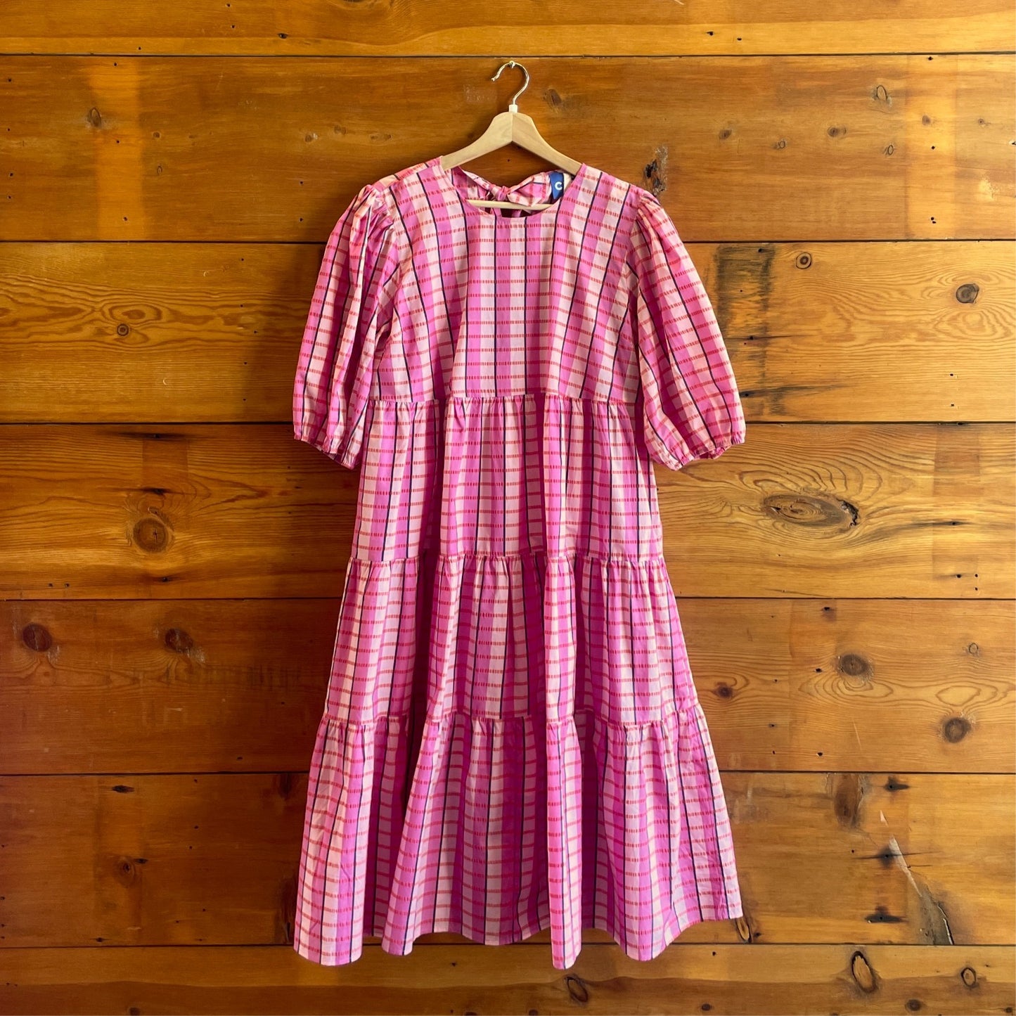 42 / XL - CRAS Pink Plaid Tiered Short Sleeve $99 Magdalena Dress w/ Slip 0801JZ
