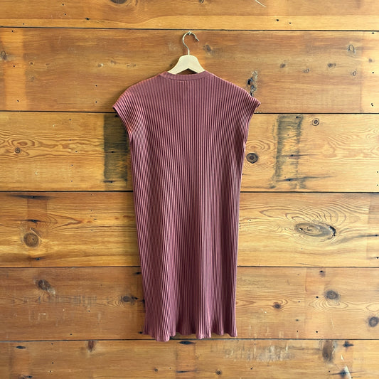 XS - Eileen Fisher Reddish Brown Ribbed Knit Mock Neck Cap Sleeve Dress 1217MA