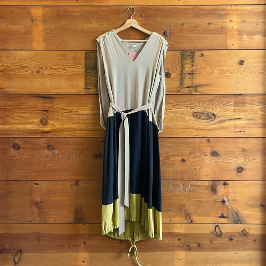 6 - Tibi Tan Black Green Color Block Sleeveless Dress w/ Removable Drape 0802KT