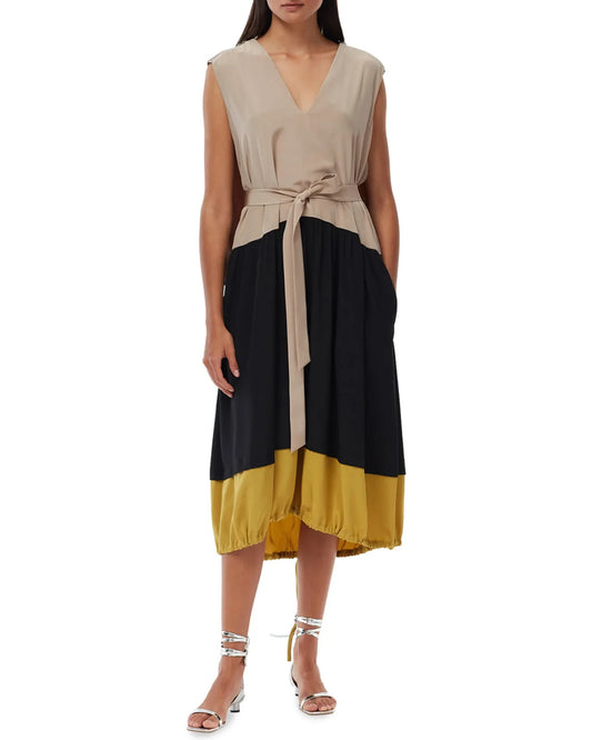 6 - Tibi Tan Black Green Color Block Sleeveless Dress w/ Removable Drape 0802KT
