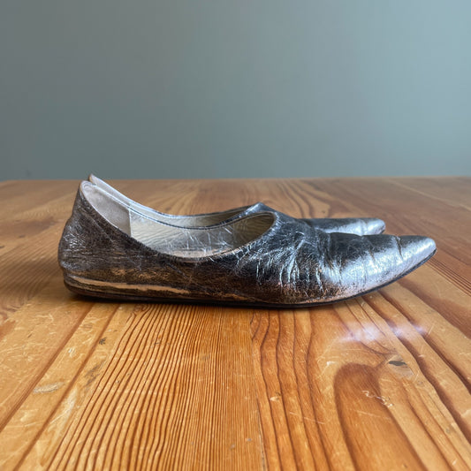 37.5 - Marsell Distressed Silver Leather Pointed Toe Ballet Flats Shoes 0320HJ