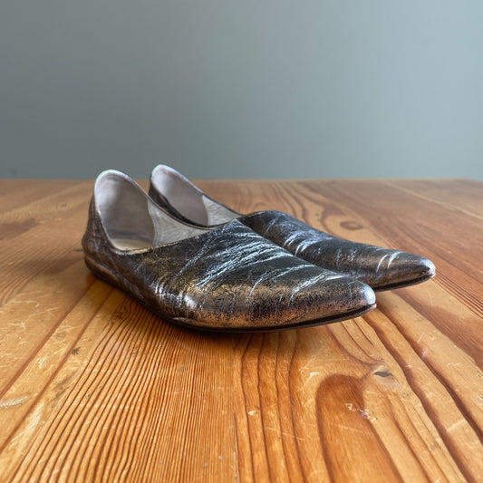 37.5 - Marsell Distressed Silver Leather Pointed Toe Ballet Flats Shoes 0320HJ