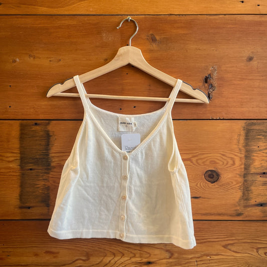 S - Rudy Jude White Knit Organic Cotton Shell Button Tank Top 0312IG