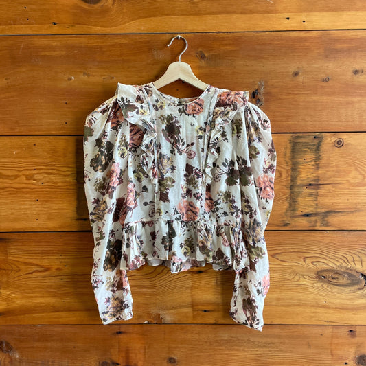 4 / S - Ulla Johnson White Brown Floral Sheer Ruffled Long Sleeve Top 0611AJ