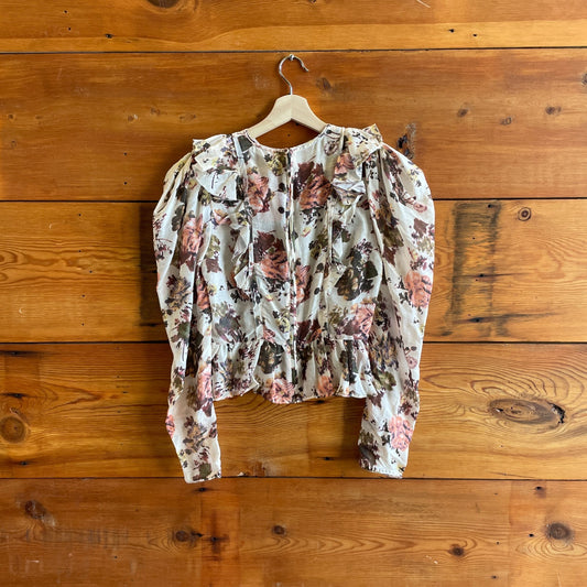 4 / S - Ulla Johnson White Brown Floral Sheer Ruffled Long Sleeve Top 0611AJ