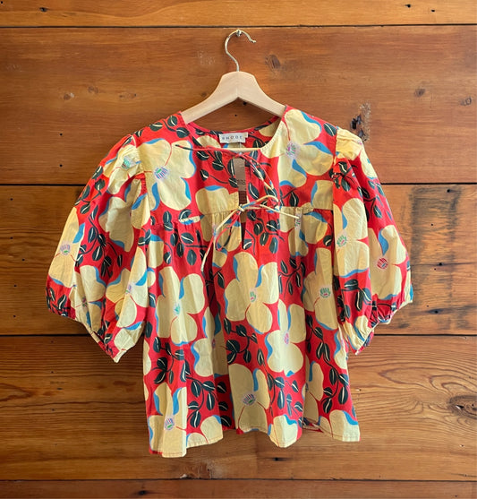 L - Rhode Red Yellow Javier Floral Print Short Puff Sleeve Blouse Top 0611AJ