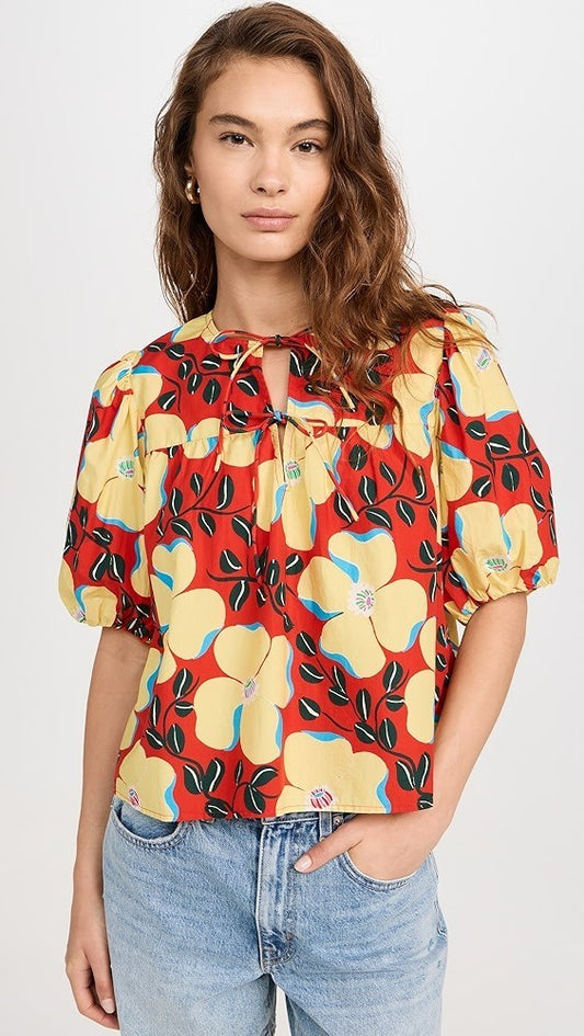 L - Rhode Red Yellow Javier Floral Print Short Puff Sleeve Blouse Top 0611AJ