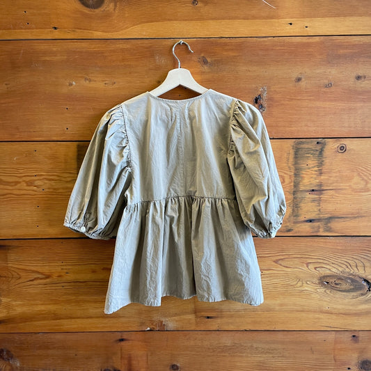 S - Rudy Jude Khaki Puff SleeveHalf Button Organic Cotton Shirt Top 0312IG
